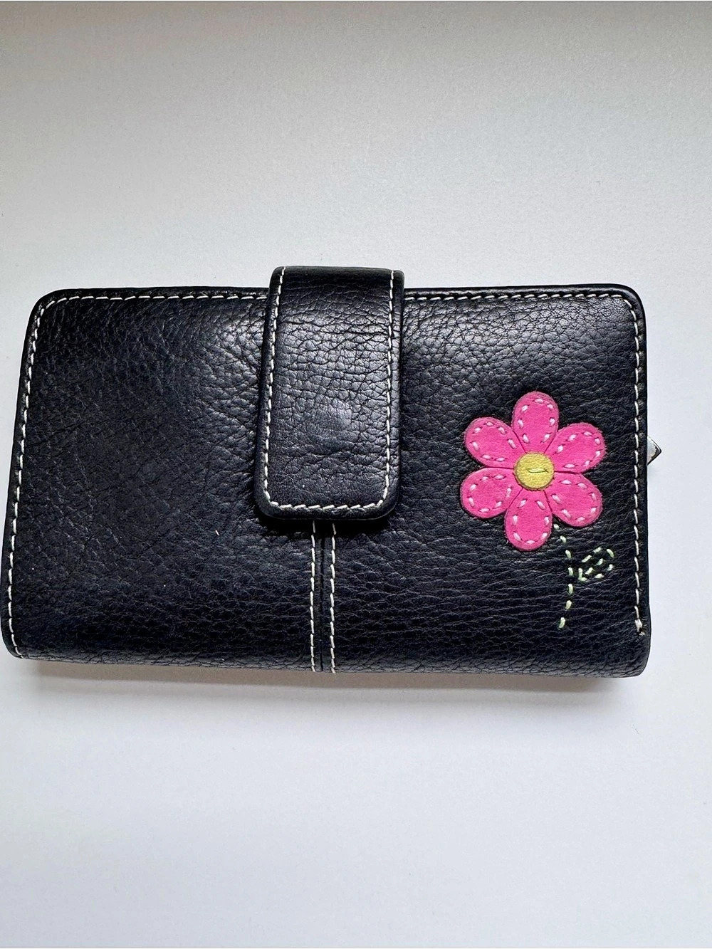 Fossil black Leather Wallet with pink floral detail